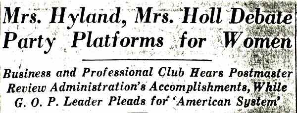 Camden Courier-Post, October 9, 1936 — Mrs. Hyland, Mrs. Holl Debate Party Platforms for Women, page 1