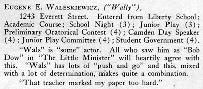 Eugene Waleskiewicz 1921 yearbook entry text