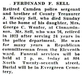 Camden Courier-Post, October 27, 1936, obituary notice for Ferdinand F. Sell
