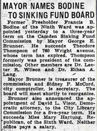 Camden Courier-Post, January 11, 1938, Sinking Fund Commission members including Francis B. Bodine