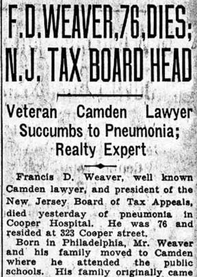 Camden Courier-Post, January 29, 1938, obituary for Francis D. Weaver, part 1