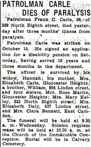 Patrolman Carle Dies of Paralysis — Camden Courier-Post, December 4, 1940
