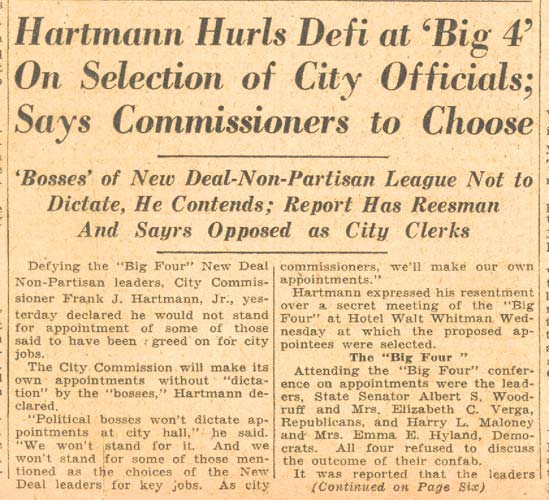 Camden Courier-Post, August 30, 1935 — Hartmann Hurls Defi at Big 4 on Selection of City Officials, page 1