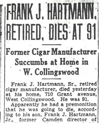 Obituary clipping: Frank J. Hartmann, Retired, Dies at 91, Camden Courier-Post, November 6, 1944, panel 1