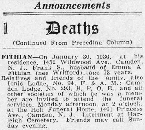 Frank S. Fithian obituary, Camden Courier-Post, February 1, 1936
