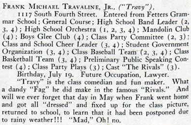 Frank M. Travaline Jr. yearbook entry, The Purple and Gold, 1919