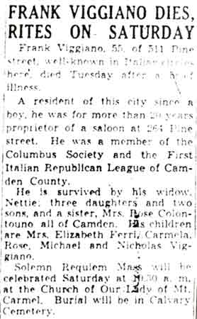 Camden Courier-Post obituary for Frank Viggiano, January 1, 1942