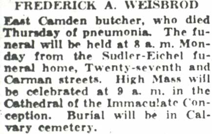 Camden Courier-Post, February 13, 1943 - Frederick A. Weisbrod obituary