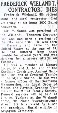 Obituary of Frederick Wielandt, Camden Courier-Post, August 23, 1942