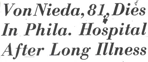 Camden Courier-Post, February 17, 1950, Von Nieda, 81, Dies In Phila. Hospital After Long Illness