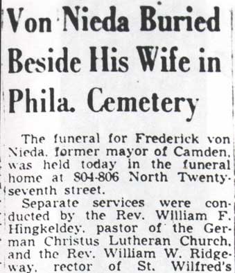 Camden Courier-Post, February 21, 1950, Von Nieda Buried Beside His Wife in Phila. Cemetery