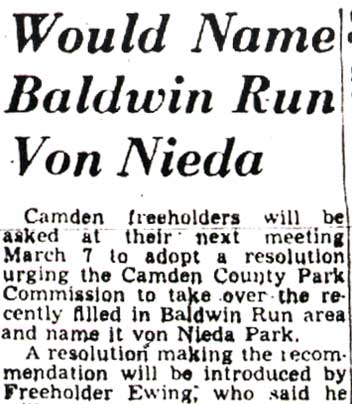 Camden Courier-Post, February 24, 1950, Would Name Baldwin Run Von Nieda Park