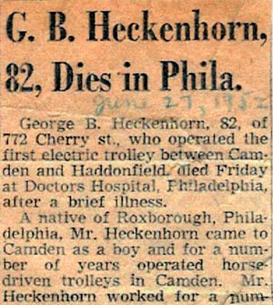 Camden Courier-Post obituary for George B. Heckenhorn, June 27, 1952 (part 1)