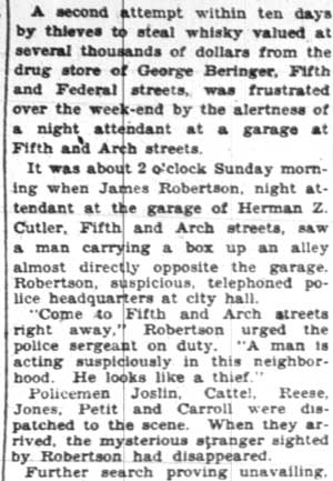 Garage Watchman Foils Whiskey Theft — Camden Courier-Post, February 1928 (panel 1)
