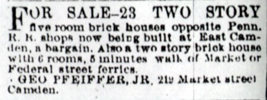 Camden Post, May 5, 1888, real estate advertisement by Geo. Pfeiffer Jr.