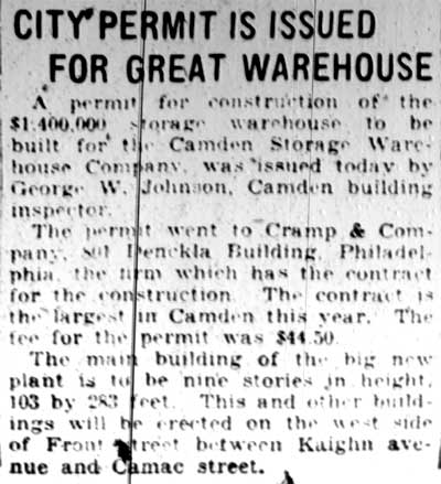 Camden Courier-Post, February 21, 1928 — City Permit Is Issued for Great Warehouse