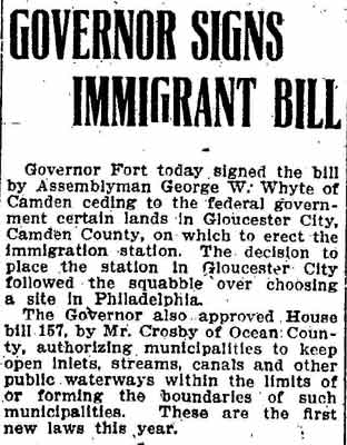 Camden Courier-Post, March 1, 1910 — Governor Signs Immigrant Bill