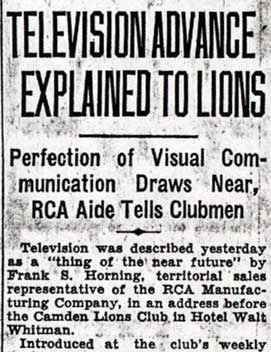 Newspaper clipping: Television Advance Explained to Lions, Camden Courier-Post, October 15, 1936 (part 1)