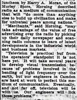 Newspaper clipping: Television Advance Explained to Lions, Camden Courier-Post, October 15, 1936 (part 2)