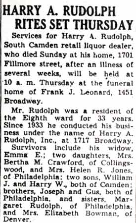 Camden Courier-Post, December 11, 1945 — obituary for Harry A. Rudolph