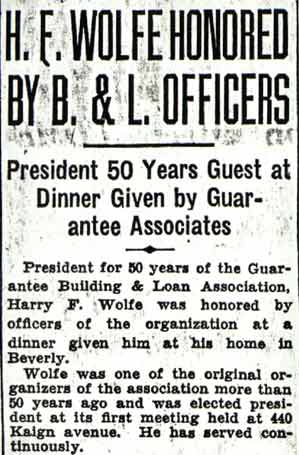 H. F. Wolfe Honored By B. & L. Officers — Camden Courier-Post, August 1, 1936, article column 1