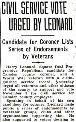 Civil Service Vote Urged by Leonard, panel 1, Courier-Post October 28 1936
