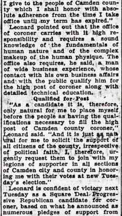 Leonard Pledges Efficient Service, panel 2, Courier-Post October 31 1936