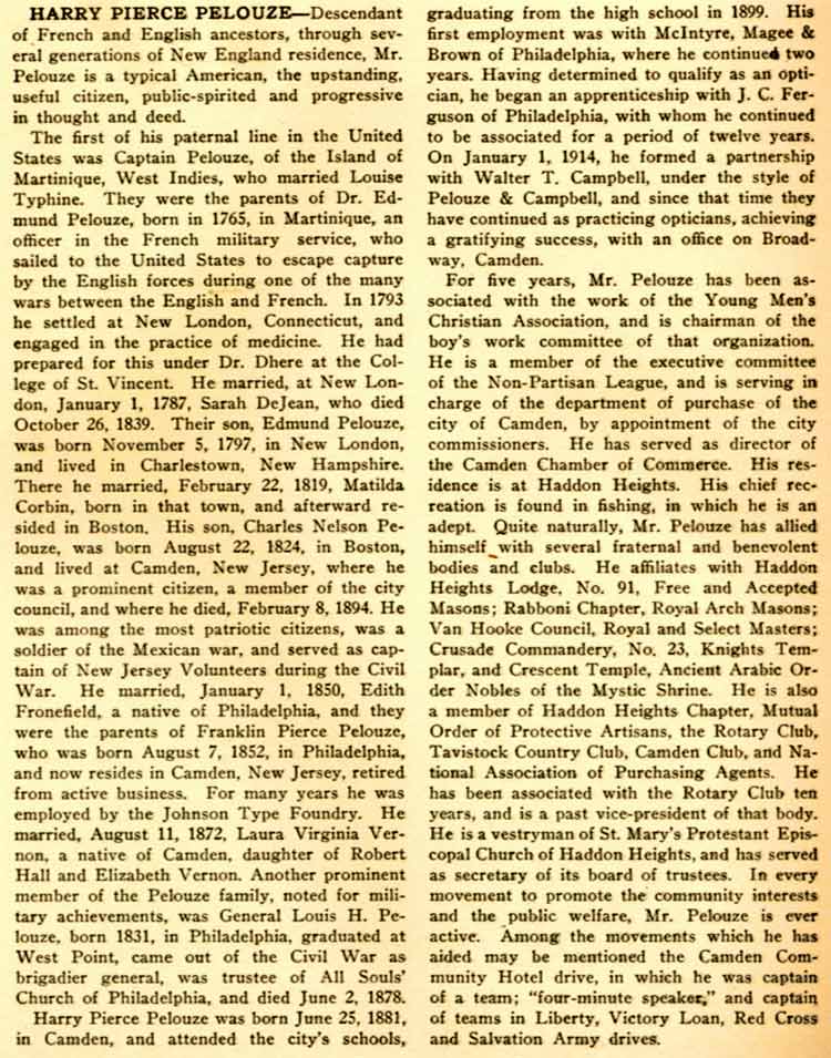 Harry Pierce Pelouze biographical entry, Camden County: A History 1624-1924, page 1
