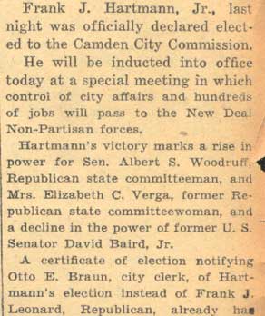 Frank J. Hartmann Jr. takes his seat on the City Commission, August 1, 1935, clipping 2
