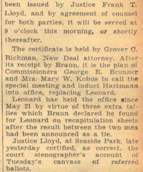 Frank J. Hartmann Jr. takes his seat on the City Commission, August 1, 1935, clipping 3