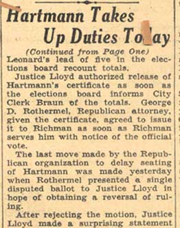 Frank J. Hartmann Jr. takes his seat on the City Commission, August 1, 1935, clipping 5
