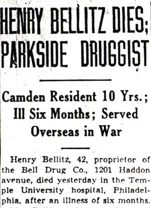 Henry Bellitz Dies; Parkside Druggist — Camden Courier-Post, April 10, 1942, column 1