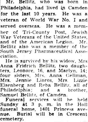 Henry Bellitz Dies; Parkside Druggist — Camden Courier-Post, April 10, 1942, column 2