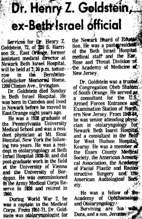 Obituary for Dr. Henry Z. Goldstein, ex-Beth Israel official