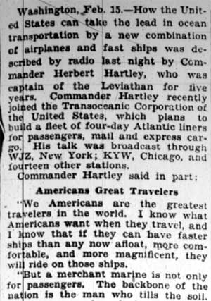 Hartley Tell How America May Lead In Marine Trade — Camden Courier-Post, February 15, 1928 (part 1)
