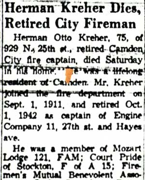 Camden Courier-Post obituary clipping: Herman Kreher Dies, Retired City Fireman, February 23, 1959