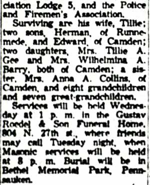 Continuation of Herman Kreher obituary clipping listing survivors and funeral arrangements, February 23, 1959