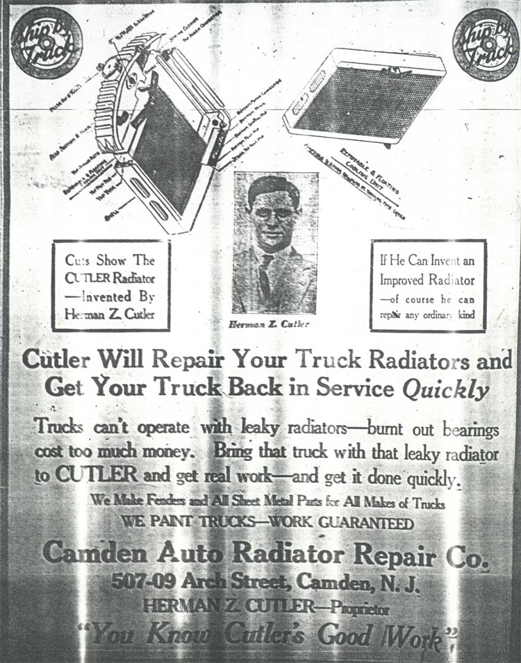 Camden Auto Radiator Repair Co. advertisement featuring Herman Z. Cutler, Camden Daily Courier, August 31, 1921