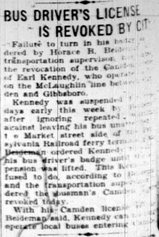 Camden Courier-Post clipping: Bus Driver's License Is Revoked by City