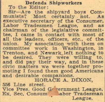 Defends Shipworkers letter by Horace Dixon, Camden Courier-Post, May 1, 1935