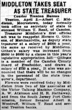 Camden Courier-Post, April 2, 1928 — Middleton Takes Seat as State Treasurer
