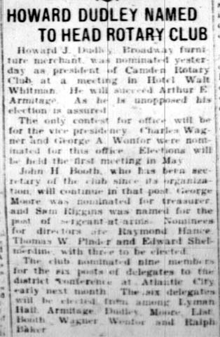 Howard Dudley Named to Head Rotary Club — Camden Courier-Post, April 4, 1928