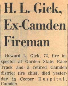 Obituary headline: H. L. Gick, Ex-Camden Fireman