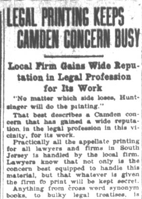 Newspaper article about Huntzinger Company, part 1