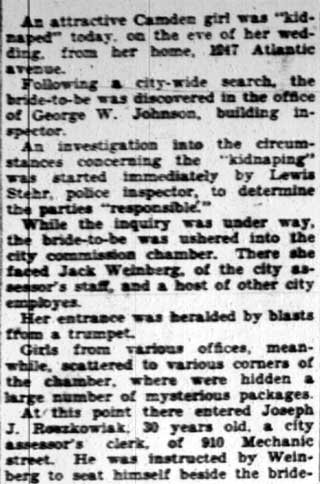 Camden Courier-Post, February 18, 1928 — Bride-to-Be is 'Kidnapped' for Shower at City Hall, column 1