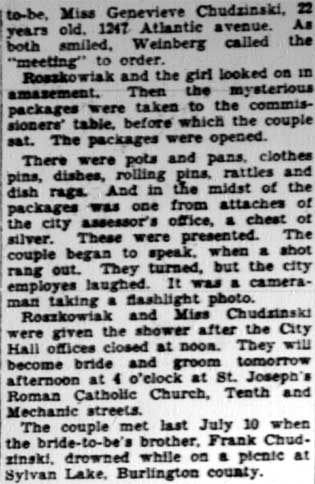 Camden Courier-Post, February 18, 1928 — Bride-to-Be is 'Kidnapped' for Shower at City Hall, column 2