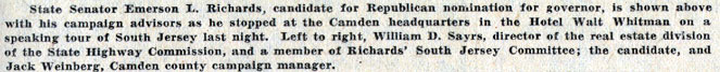 Caption: State Senator Emerson L. Richards shown with campaign advisors at Hotel Walt Whitman