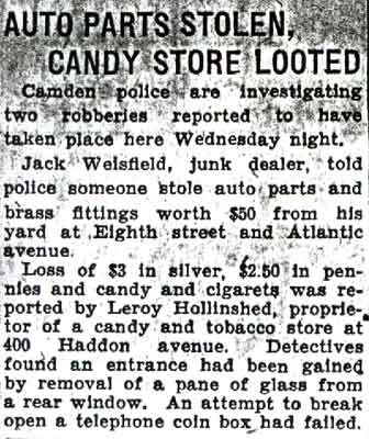 Camden Courier-Post, October 16, 1936 — Auto Parts Stolen, Candy Store Looted