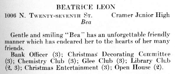 Beatrice Leon yearbook entry, Woodrow Wilson High School 1940