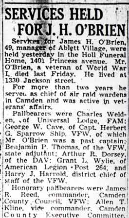 Camden Courier-Post, March 29, 1944 — Services Held for J. H. O'Brien